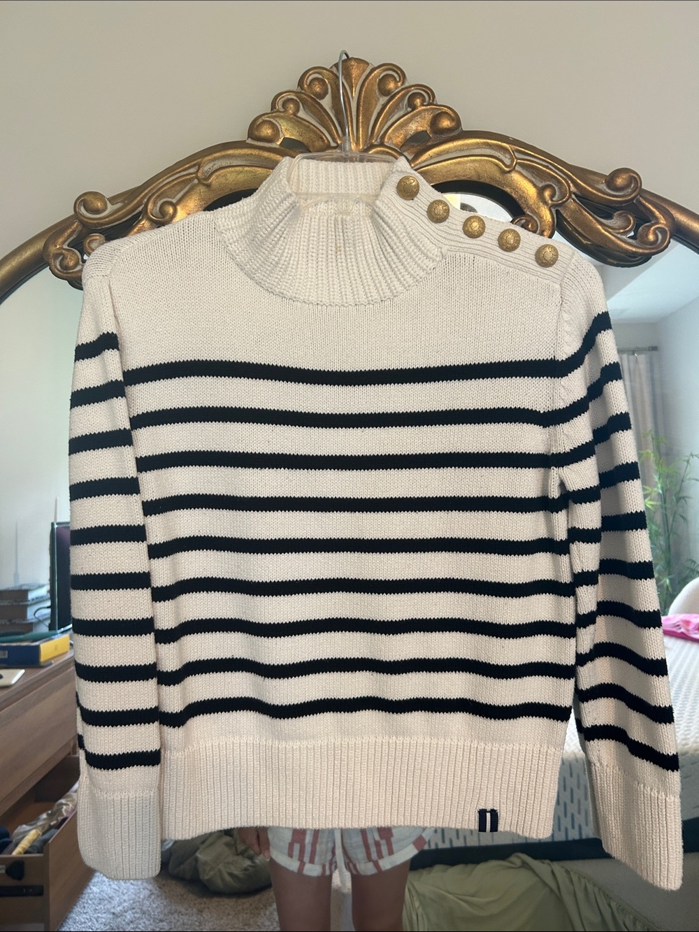 Court & Rowe Striped Button-Shoulder Sweater - White/Navy